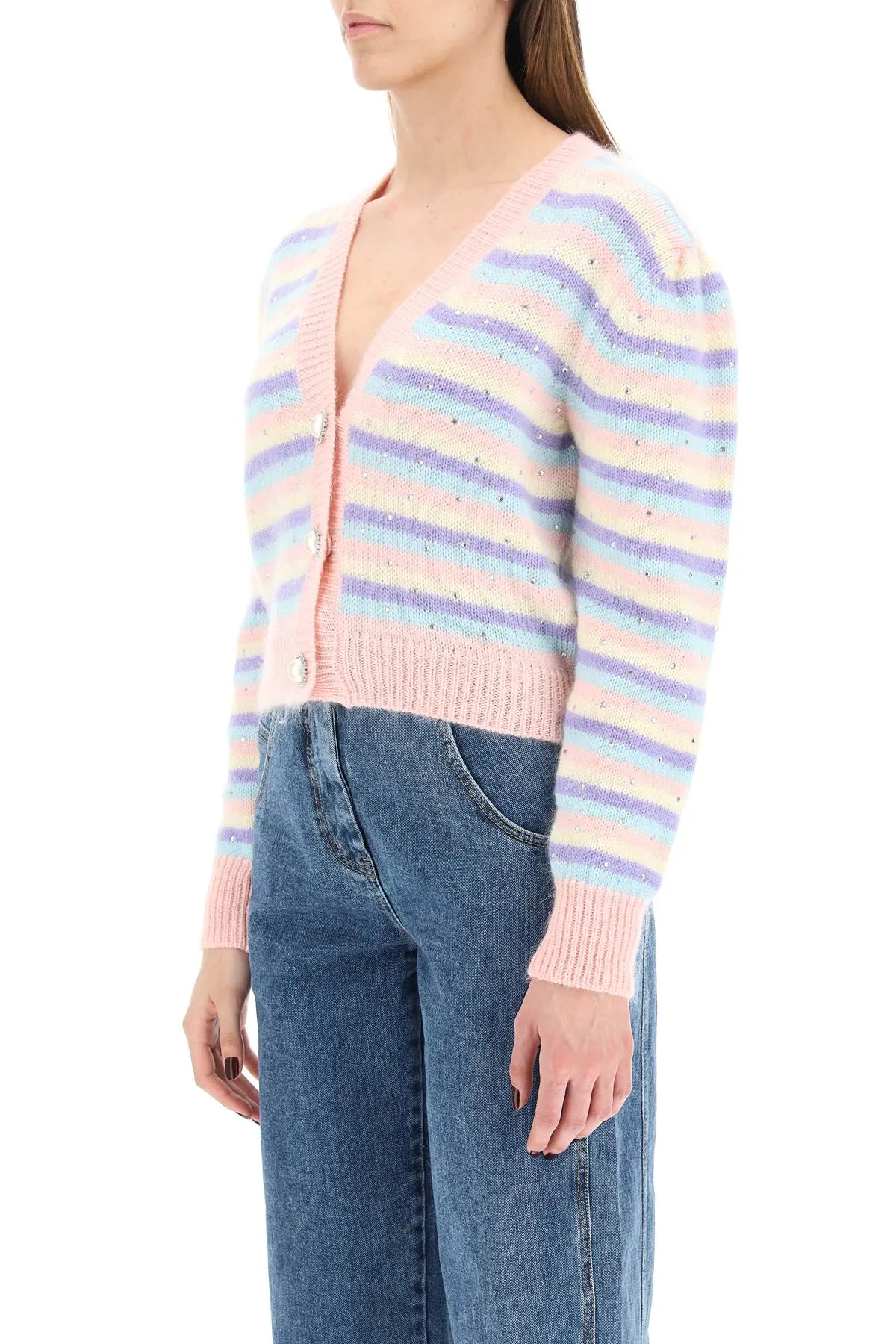 Alessandra Rich V-Neck Stripped Knit Cardigan