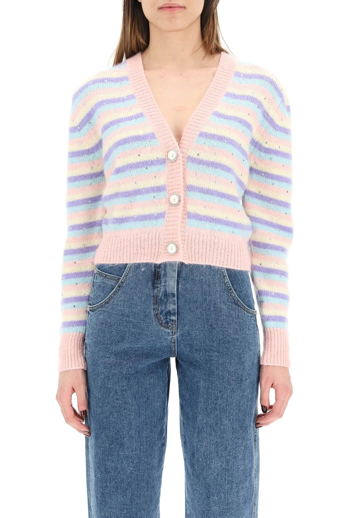 Alessandra Rich V-Neck Stripped Knit Cardigan