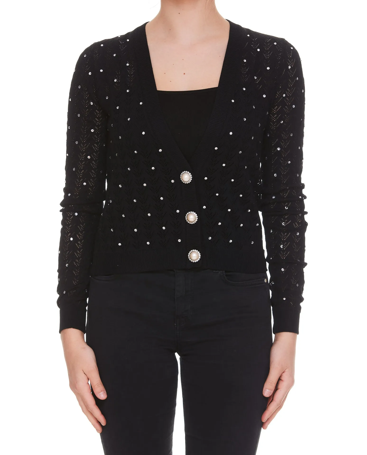 Alessandra Rich Zigzag Embroidered Ribbed Knit Cardigan