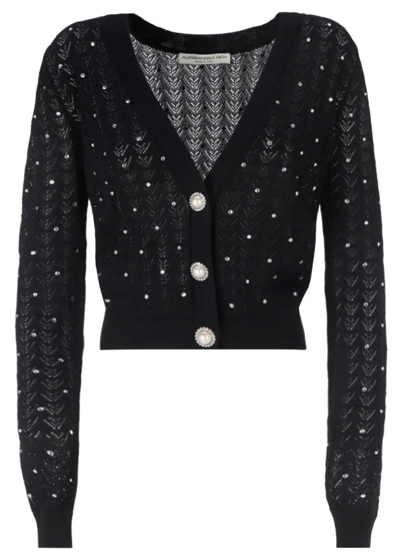 Alessandra Rich Zigzag Embroidered Ribbed Knit Cardigan