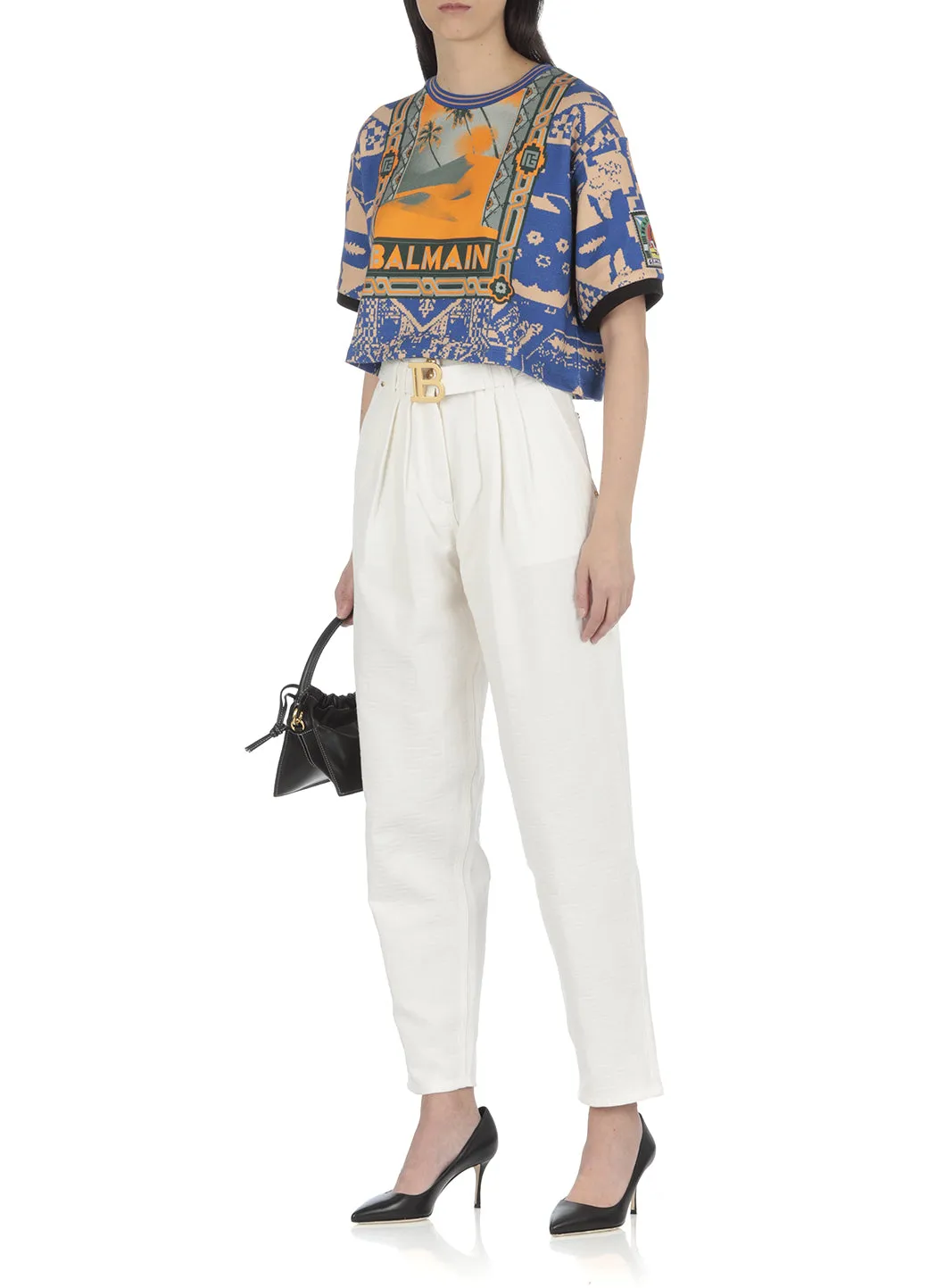 Balmain Allover Graphic Cropped T-Shirt