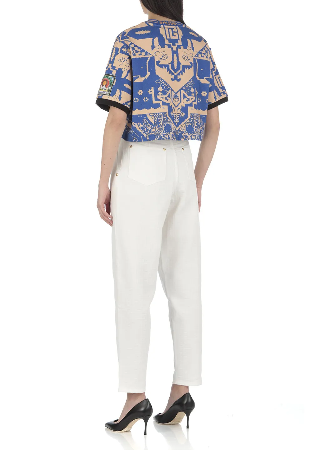 Balmain Allover Graphic Cropped T-Shirt