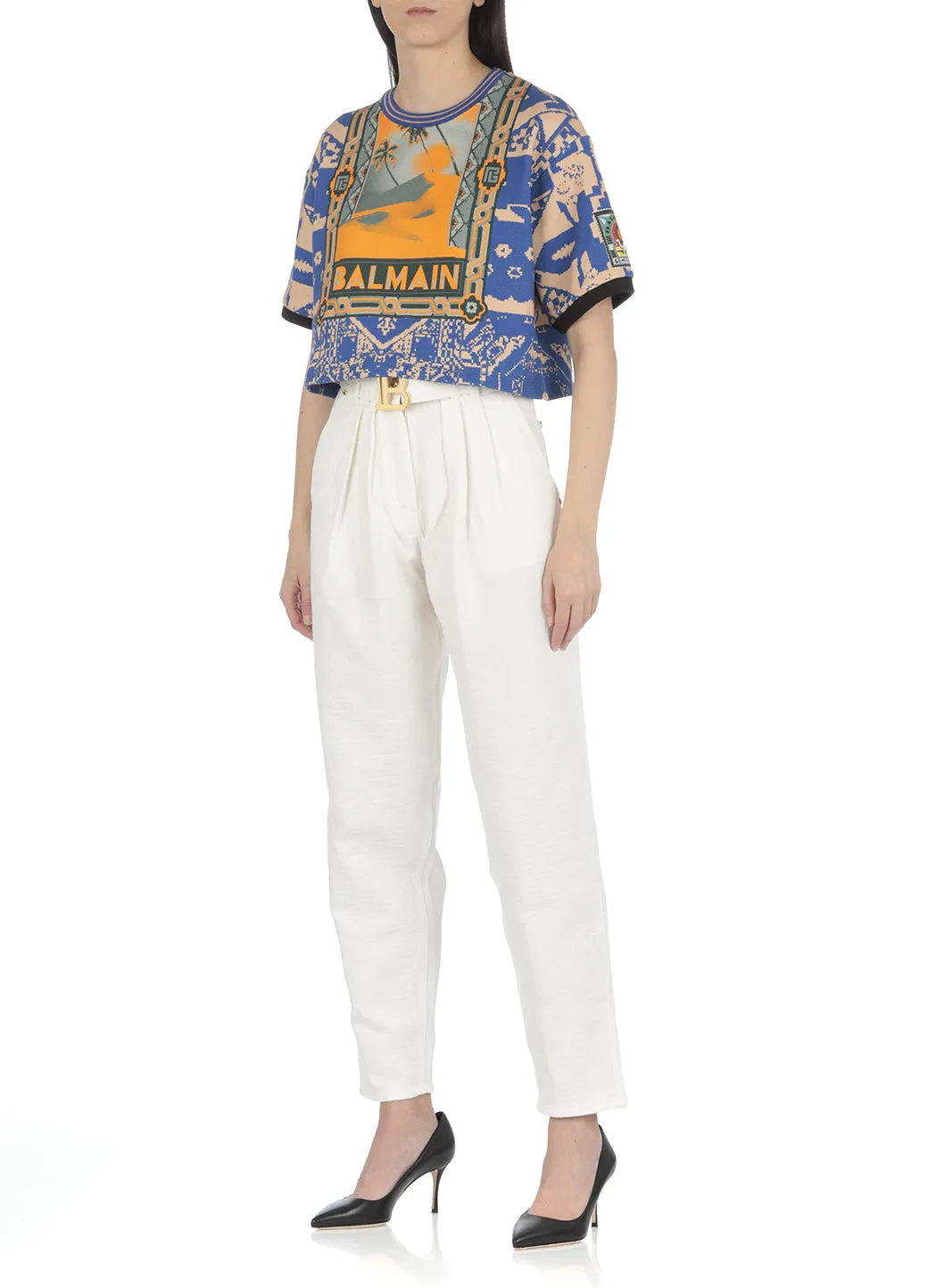 Balmain Allover Graphic Cropped T-Shirt