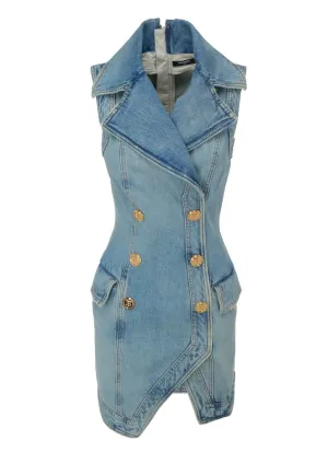 Balmain Asymmetric Sleeveless Denim Mini Shirt Dress