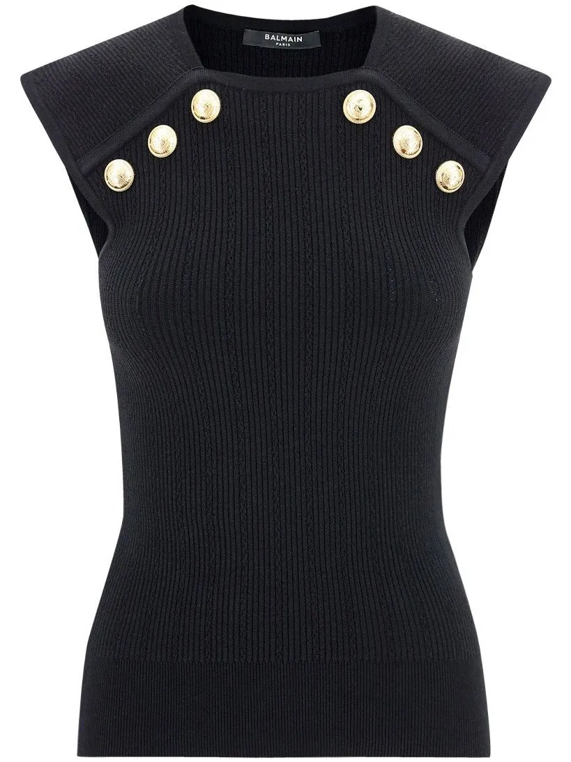 Balmain Button-Embellished Rib Knitted Sleeveless Top