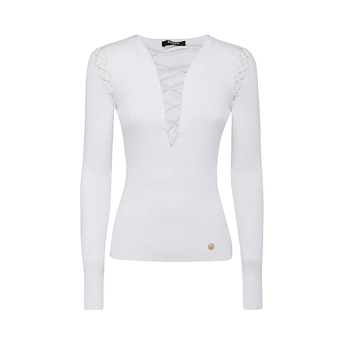 Balmain Lace-Up Shoulder Detailed V-Neck Knitted Top