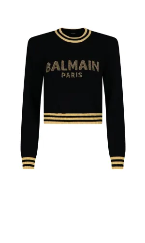 Balmain Logo Intarsia-Knit Crewneck Cropped Jumper