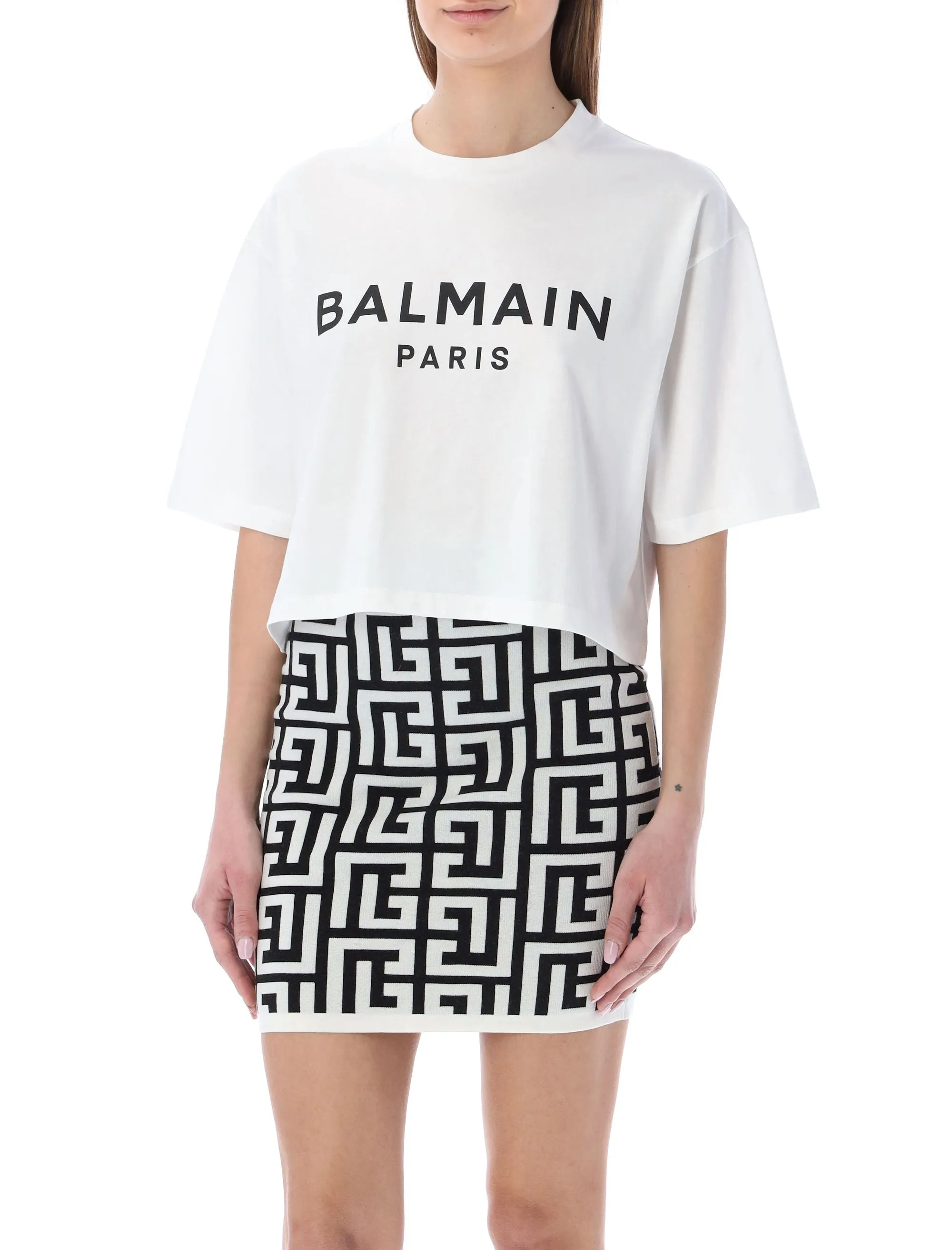 Balmain Logo Printed Crewneck Cropped T-Shirt