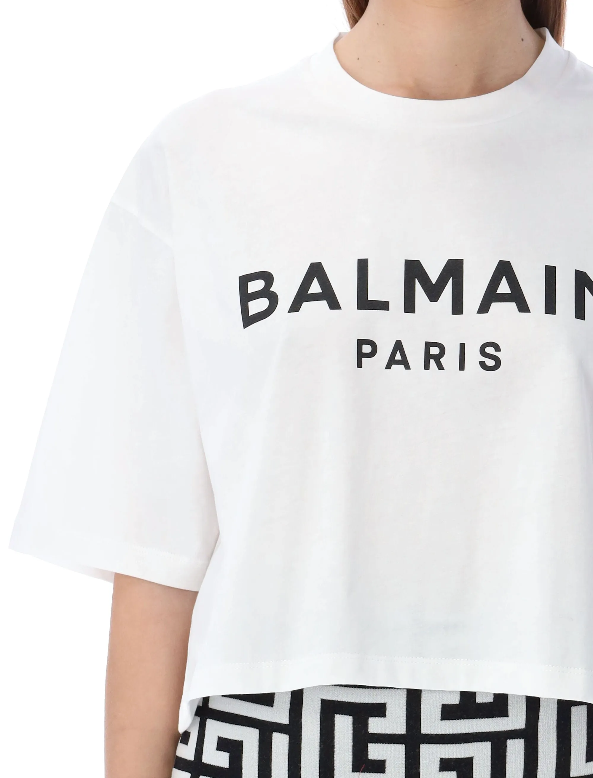 Balmain Logo Printed Crewneck Cropped T-Shirt