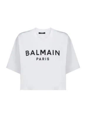 Balmain Logo Printed Crewneck Cropped T-Shirt