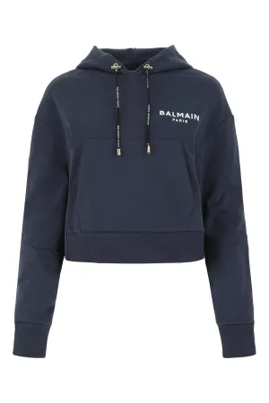 Balmain Logo Printed Drawstring Cropped Hoodie