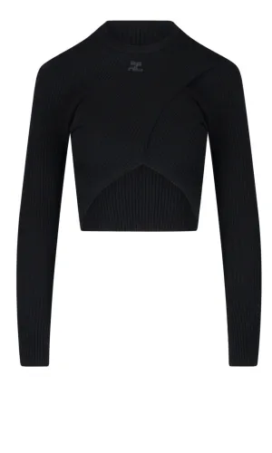 Courrges Logo Detailed Ribbed Knit Cropped Top