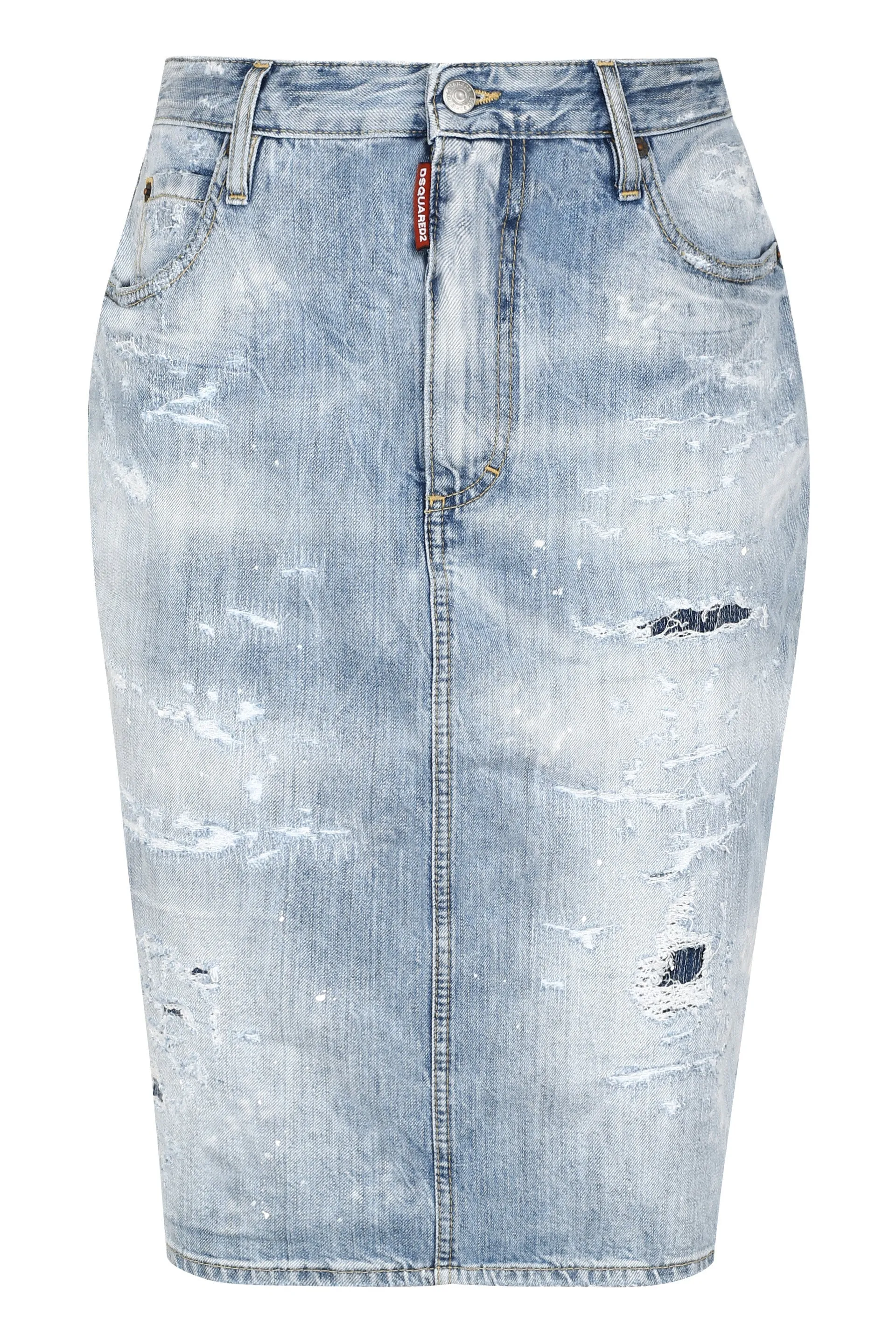 Dsquared2 Logo Patch Distressed Denim Midi Skirt