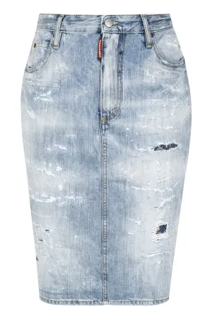 Dsquared2 Logo Patch Distressed Denim Midi Skirt