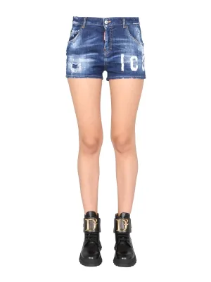 Dsquared2 Logo Printed Distressed Denim Shorts