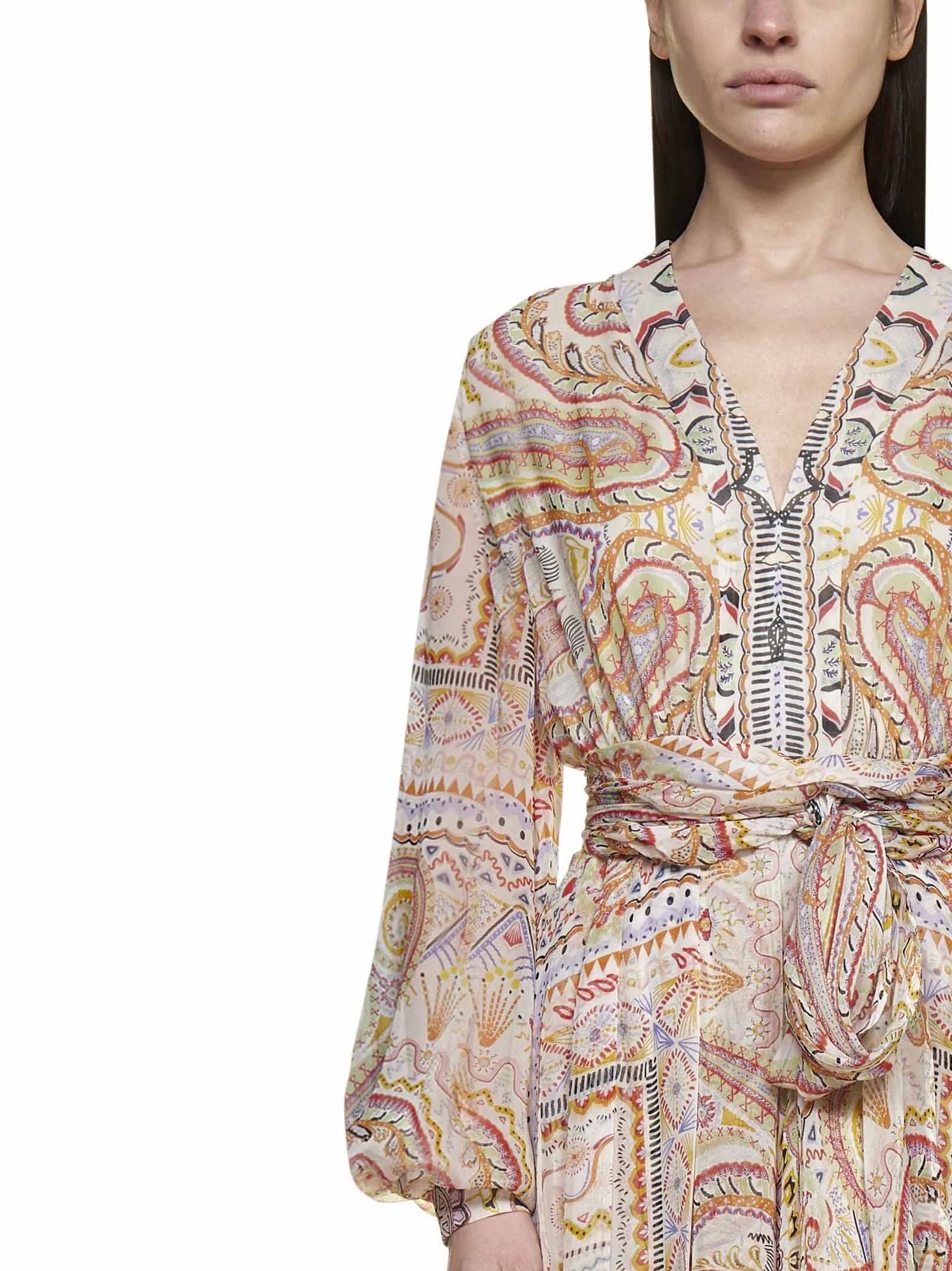 Etro Motif Print Tied-Waist V-Neck Dress