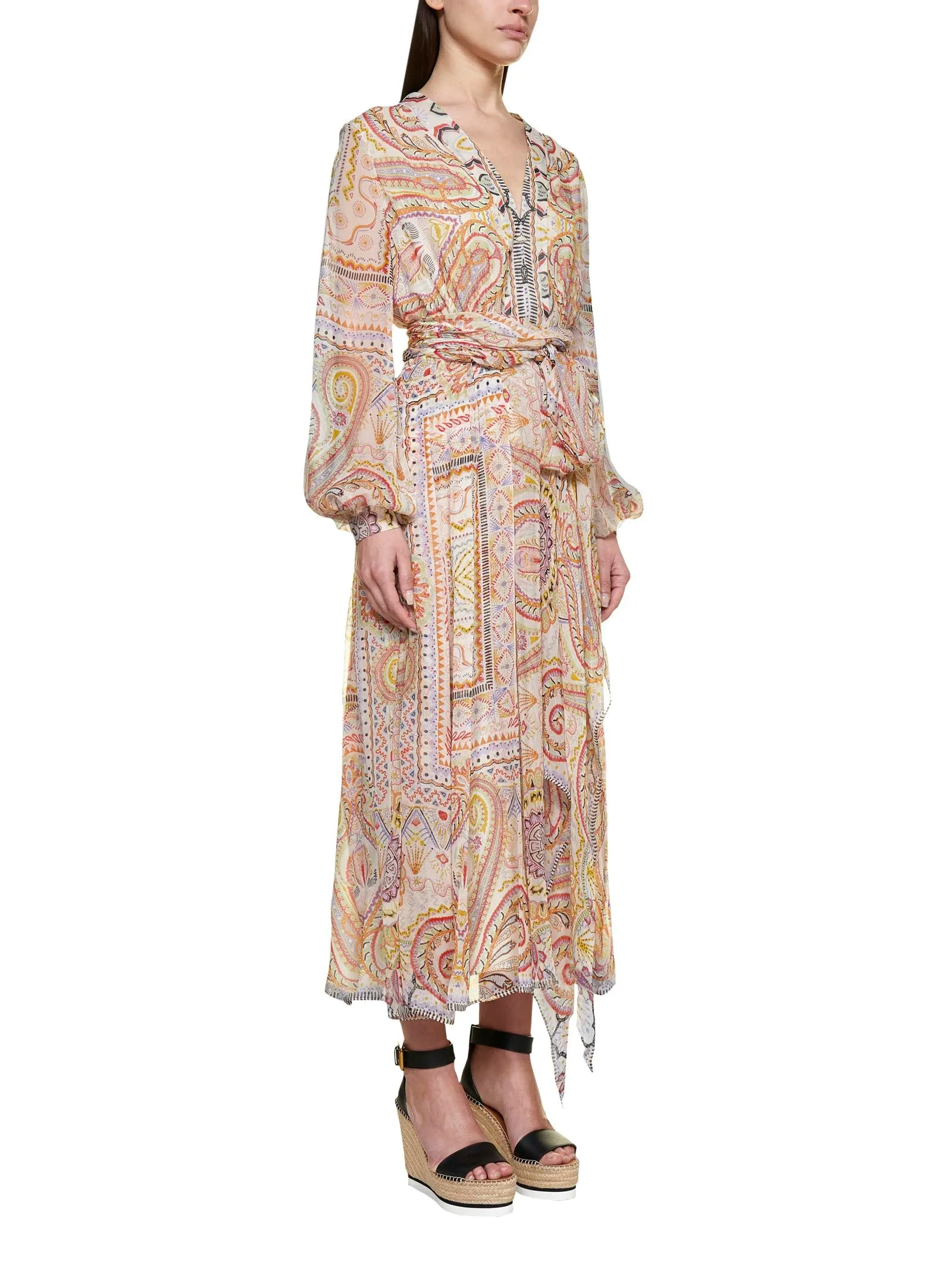 Etro Motif Print Tied-Waist V-Neck Dress