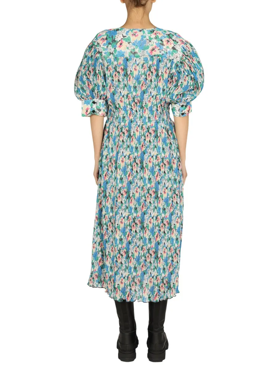 Ganni Floral Print V-Neck Midi Dress