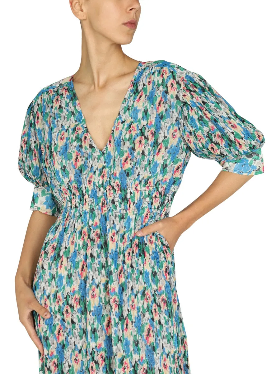 Ganni Floral Print V-Neck Midi Dress