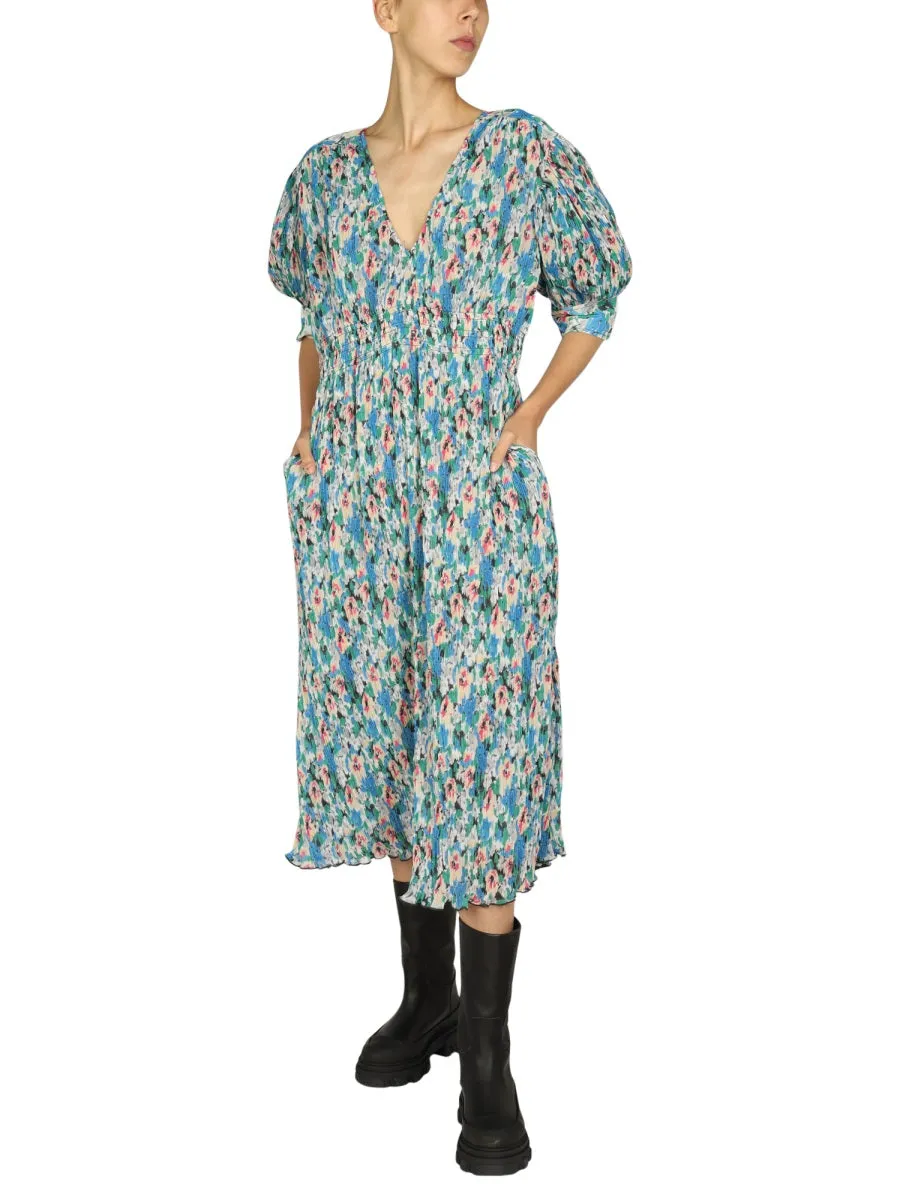 Ganni Floral Print V-Neck Midi Dress