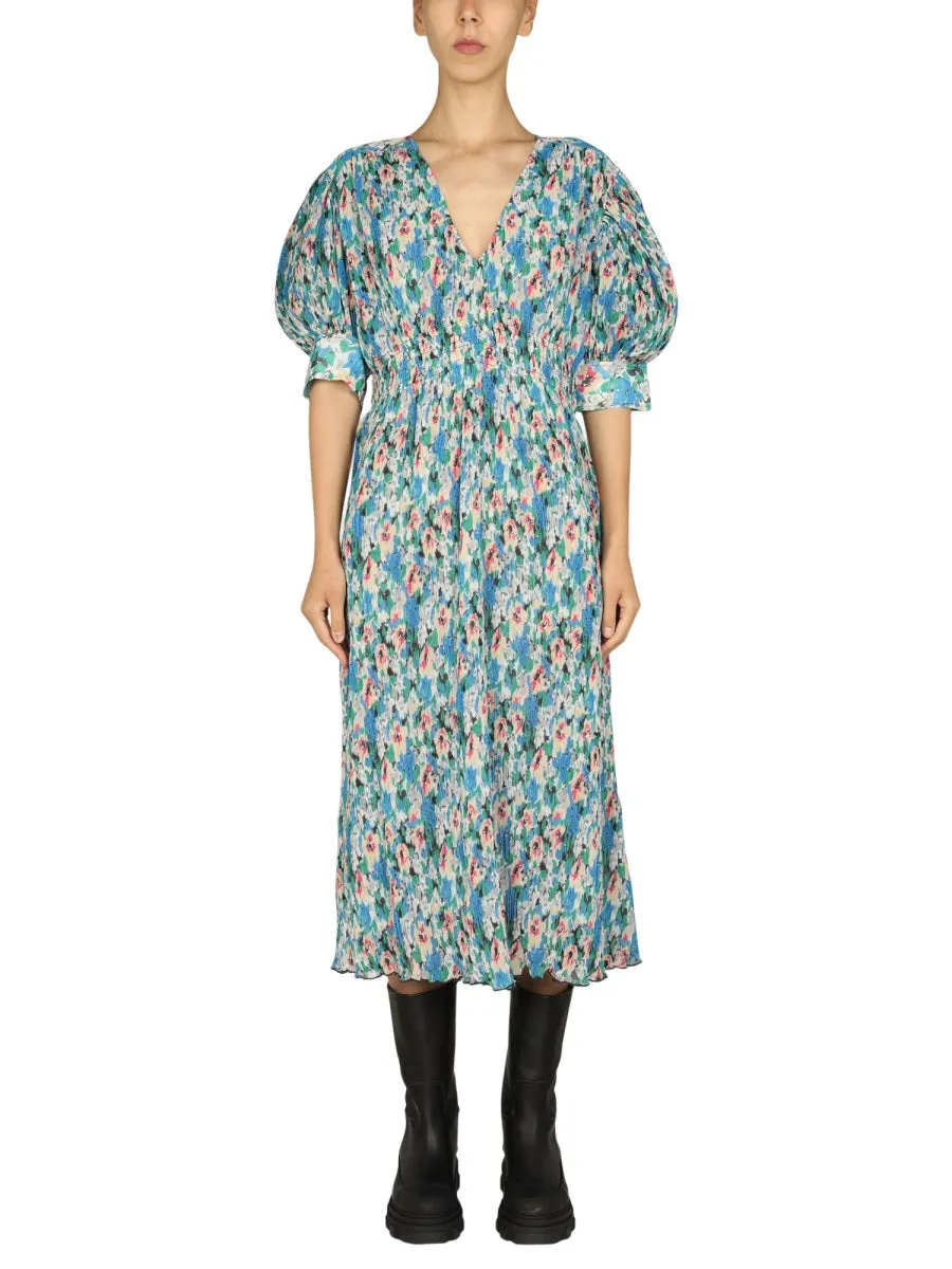 Ganni Floral Print V-Neck Midi Dress