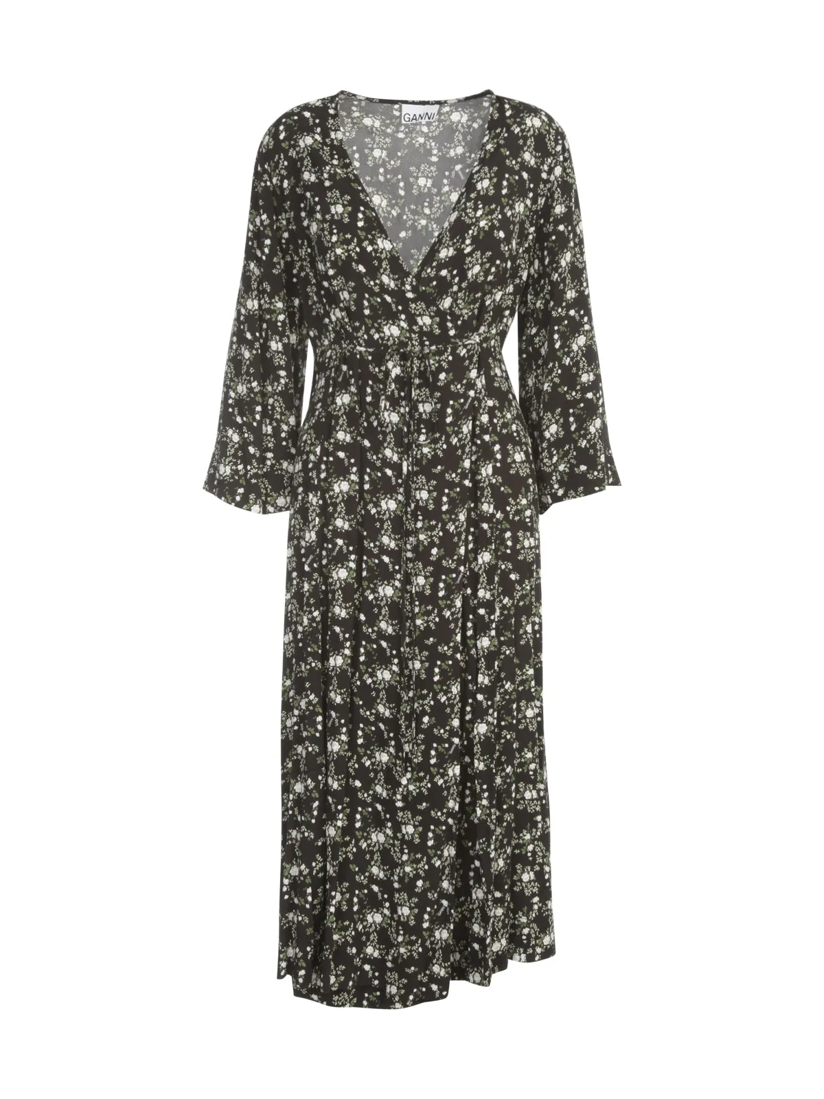 Ganni Floral Printed Crepe V-Neck Midi Dress