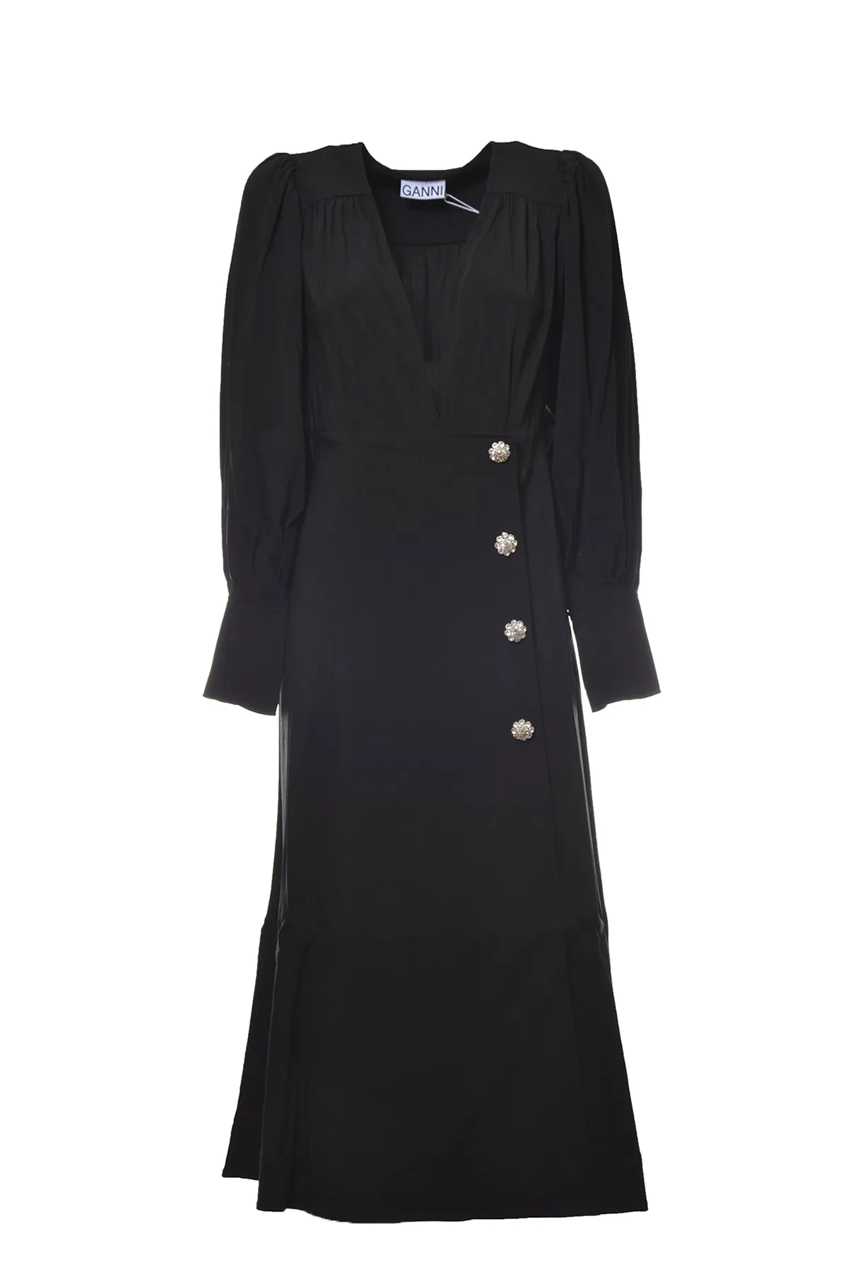 Ganni Puff-Sleeved V-Neck Midi Dress