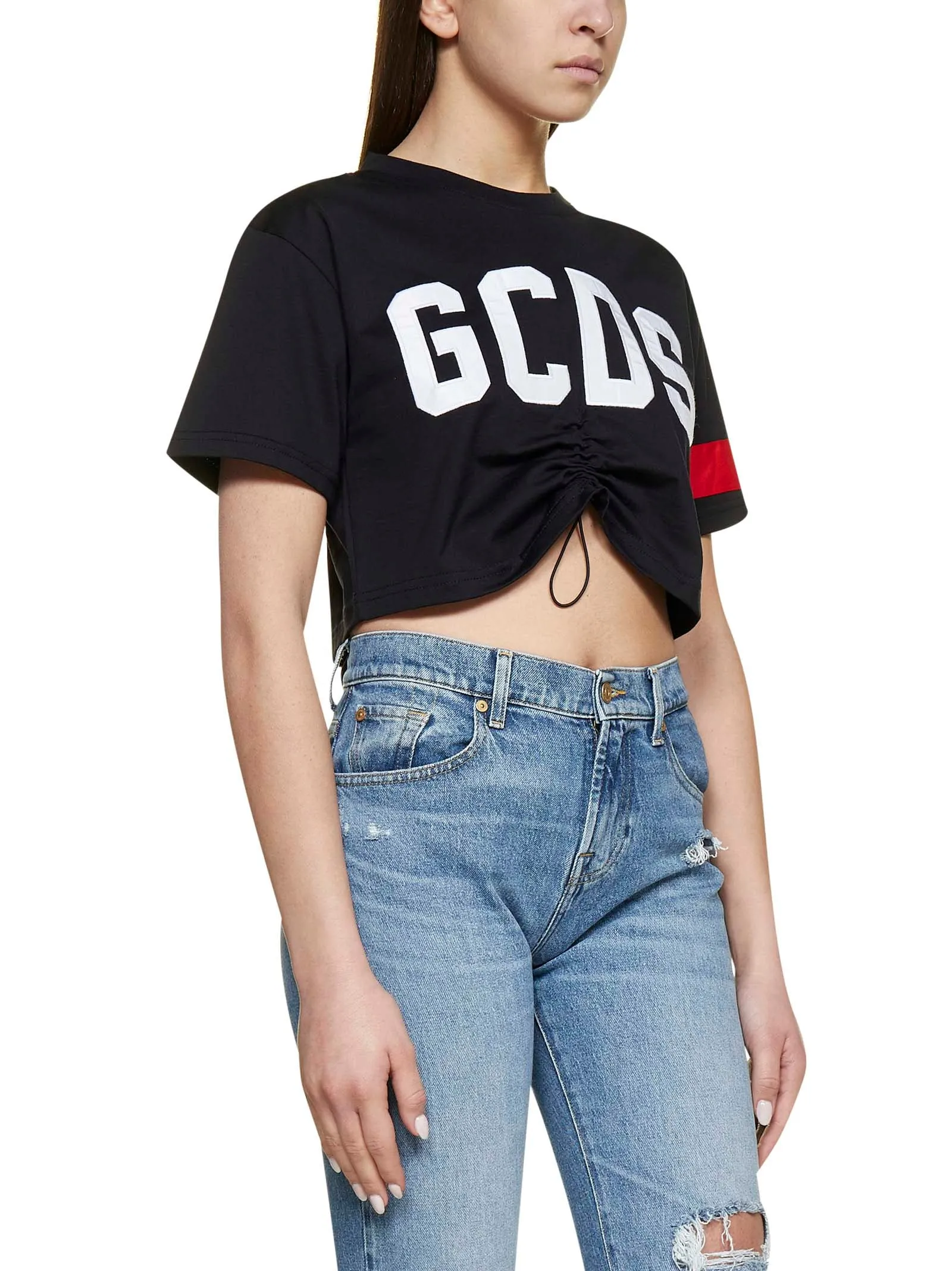 GCDS Logo Embroidered Drawstring Cropped T-Shirt