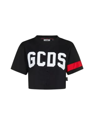 GCDS Logo Embroidered Drawstring Cropped T-Shirt