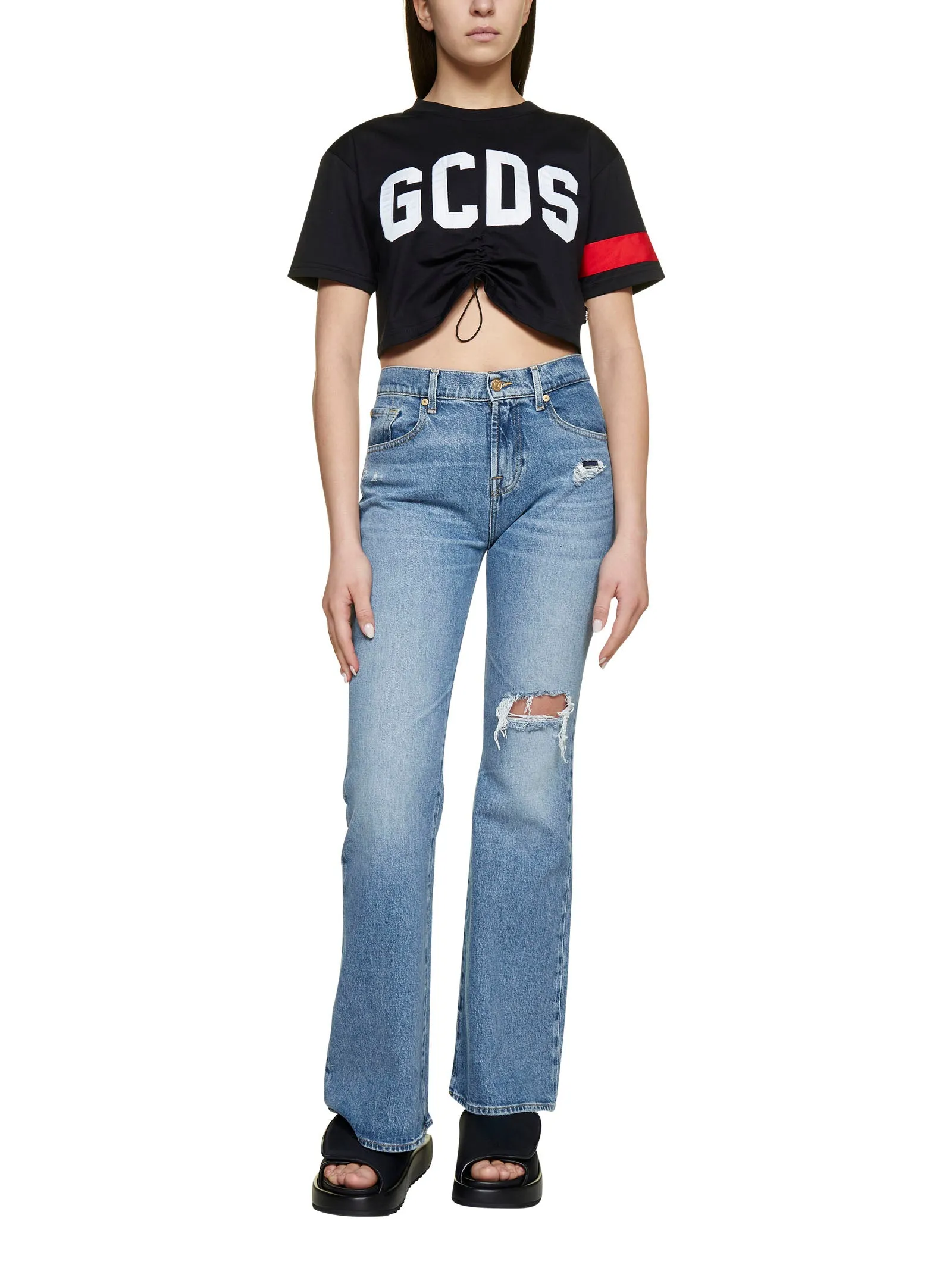 GCDS Logo Embroidered Drawstring Cropped T-Shirt