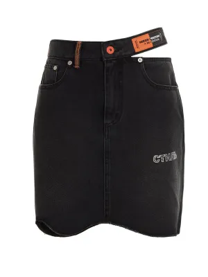 Heron Preston Cut-Out Detailed Logo Patch Denim Skirt