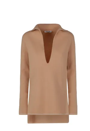 Jil Sander V-Neck Polo Collar Long-Sleeve Top