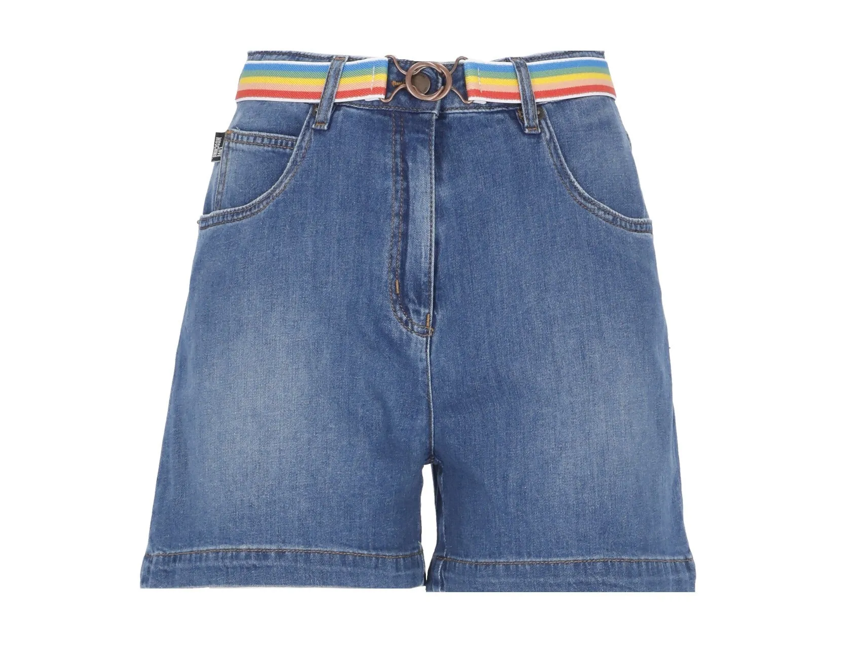 Love Moschino Rainbow Belt Logo Printed Denim Shorts