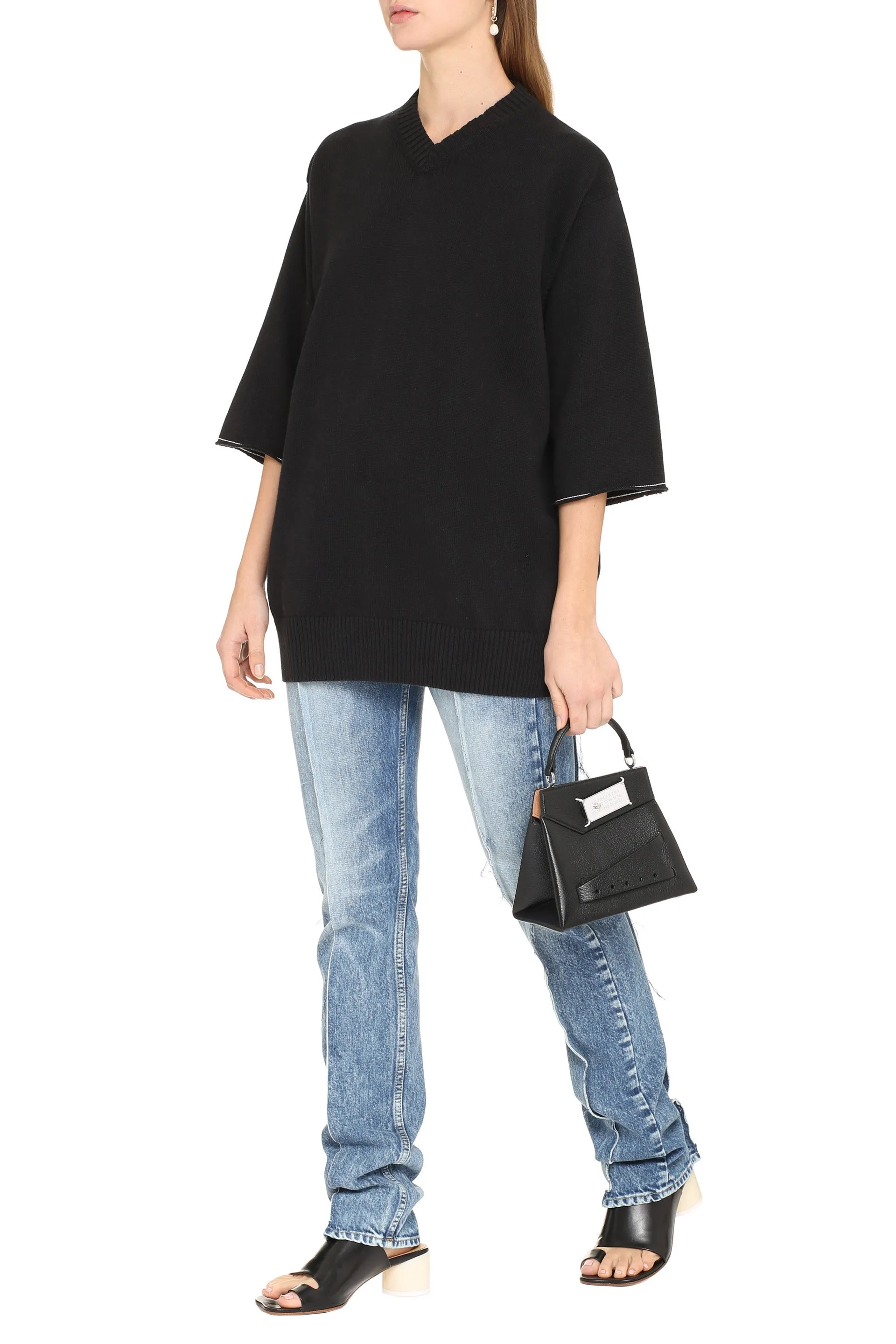 MM6 Maison Margiela Crop Sleeve V-Neck Knit Jumper