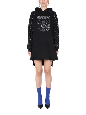 Moschino Crystal Embellished Teddy Logo Hoodie Dress