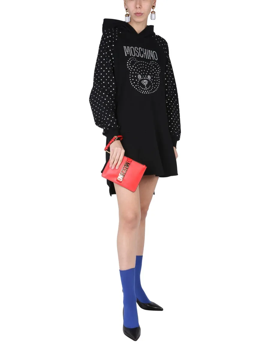 Moschino Crystal Embellished Teddy Logo Hoodie Dress
