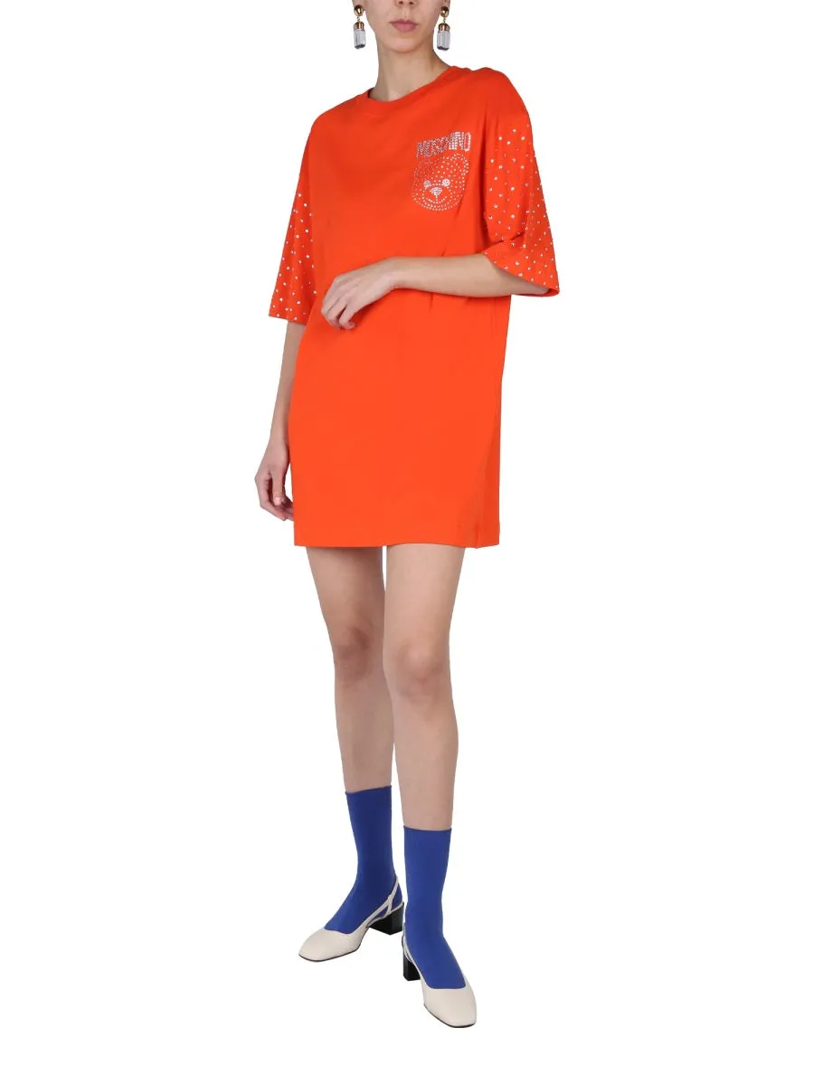 Moschino Crystal Embellished Teddy Logo T-Shirt Dress