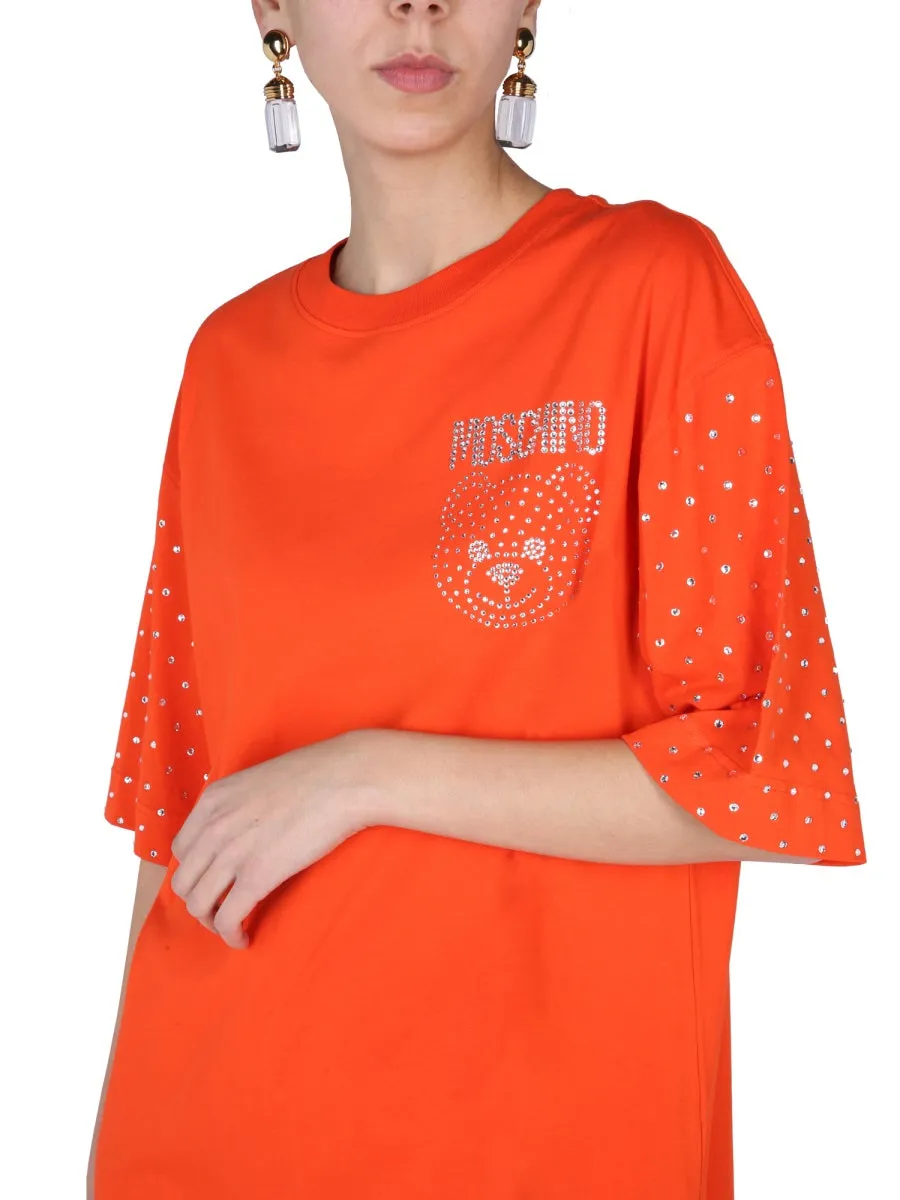 Moschino Crystal Embellished Teddy Logo T-Shirt Dress