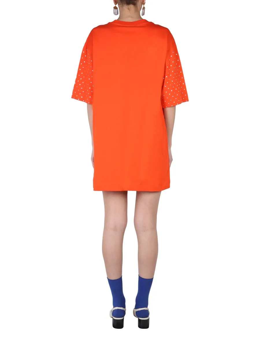 Moschino Crystal Embellished Teddy Logo T-Shirt Dress
