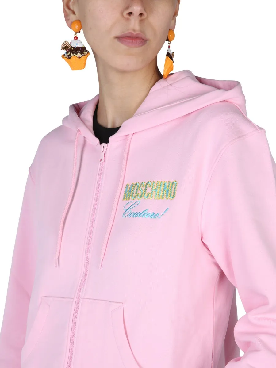 Moschino Logo Embroidered Zipped Drawstring Hoodie