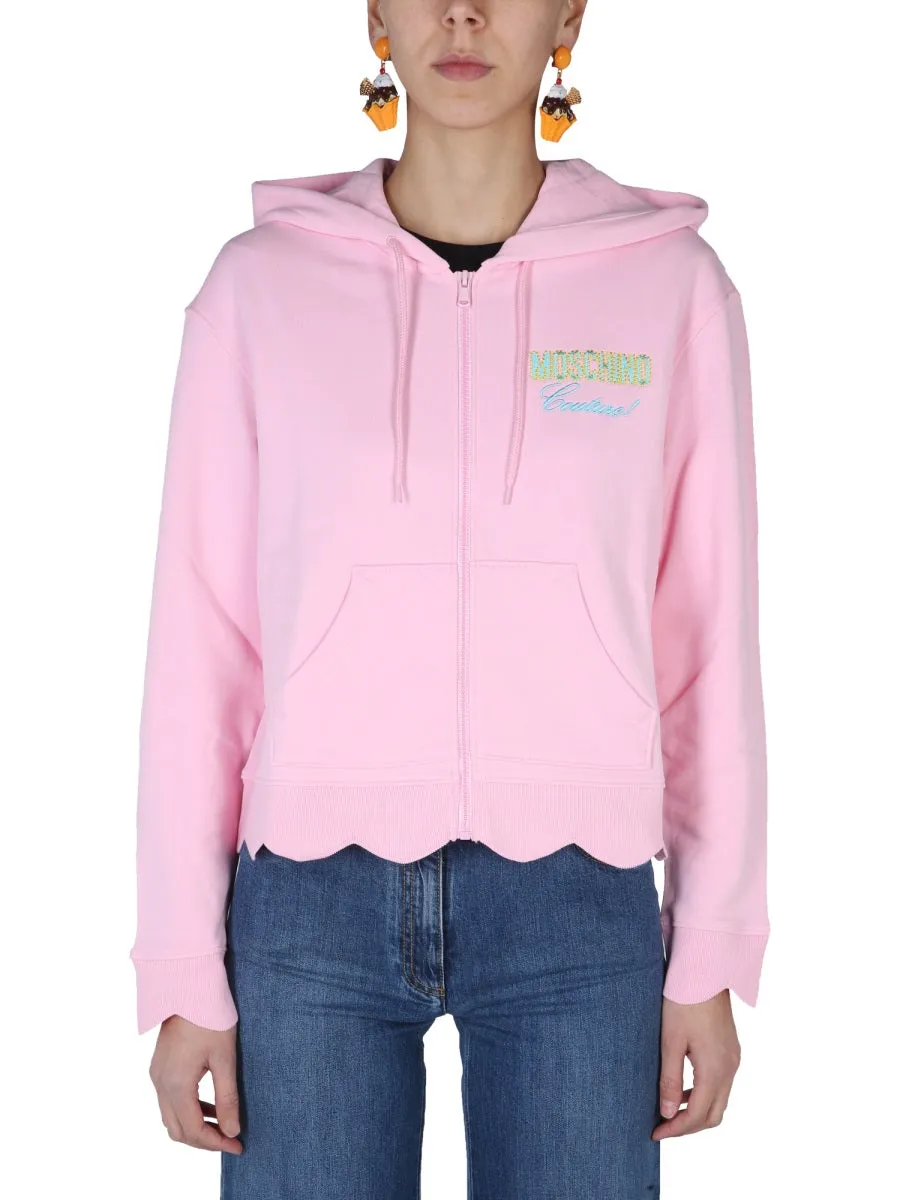 Moschino Logo Embroidered Zipped Drawstring Hoodie