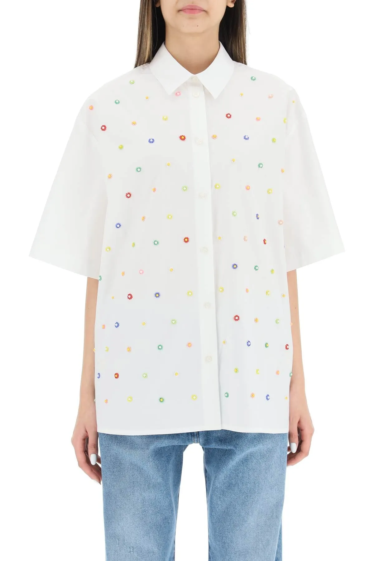 MSGM Floral Beads Embroidered Short-Sleeve Shirt