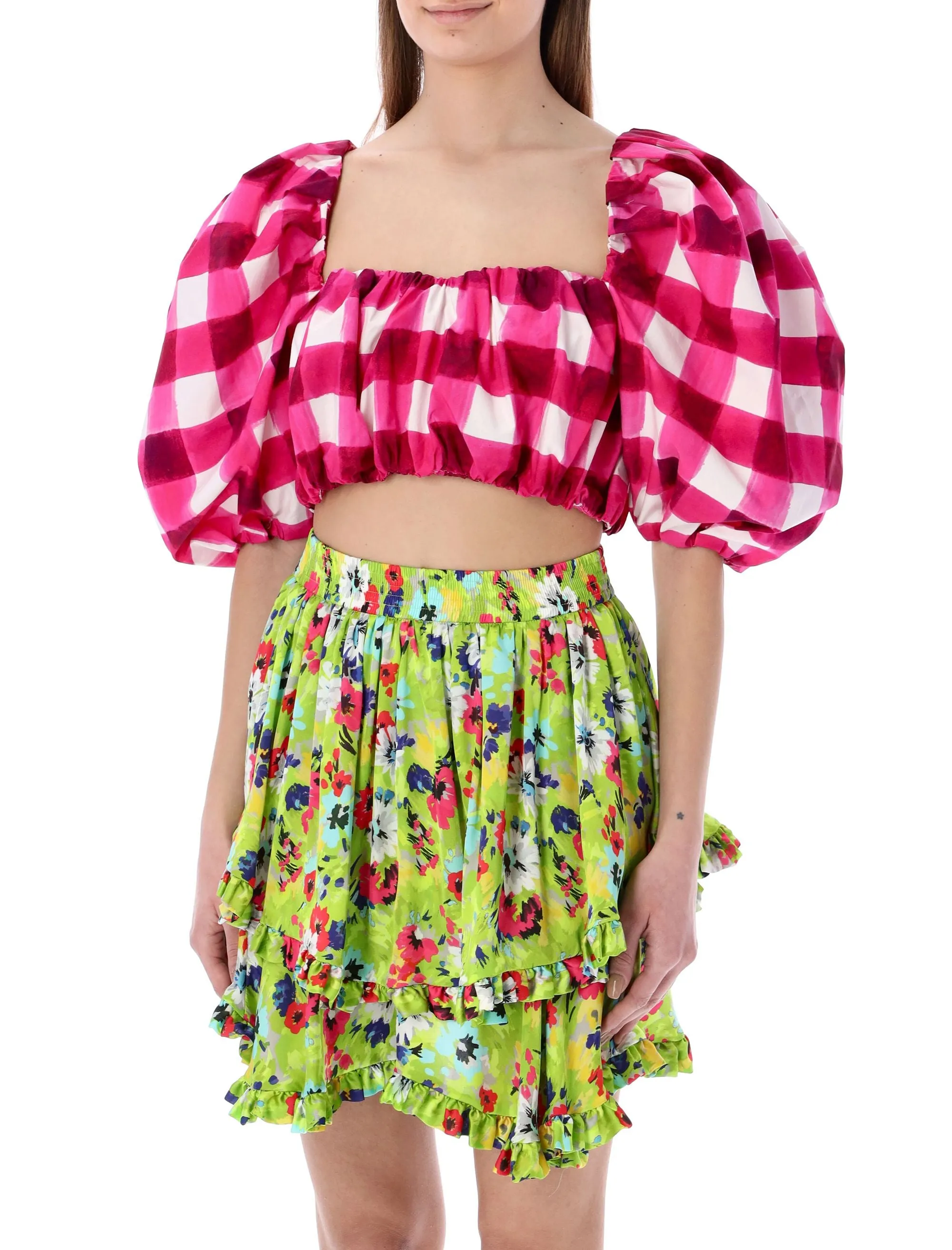 MSGM Gingham Check Puff-Sleeves Cropped Top