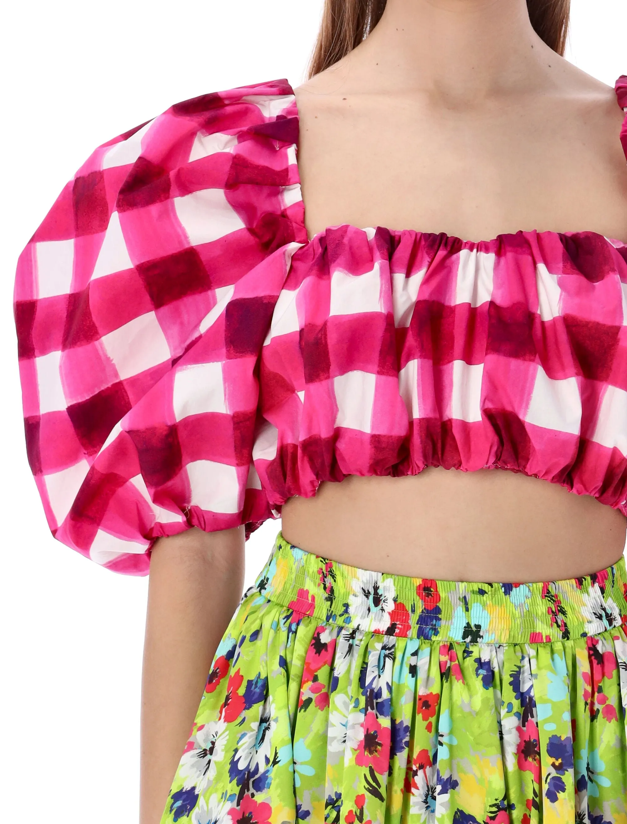 MSGM Gingham Check Puff-Sleeves Cropped Top