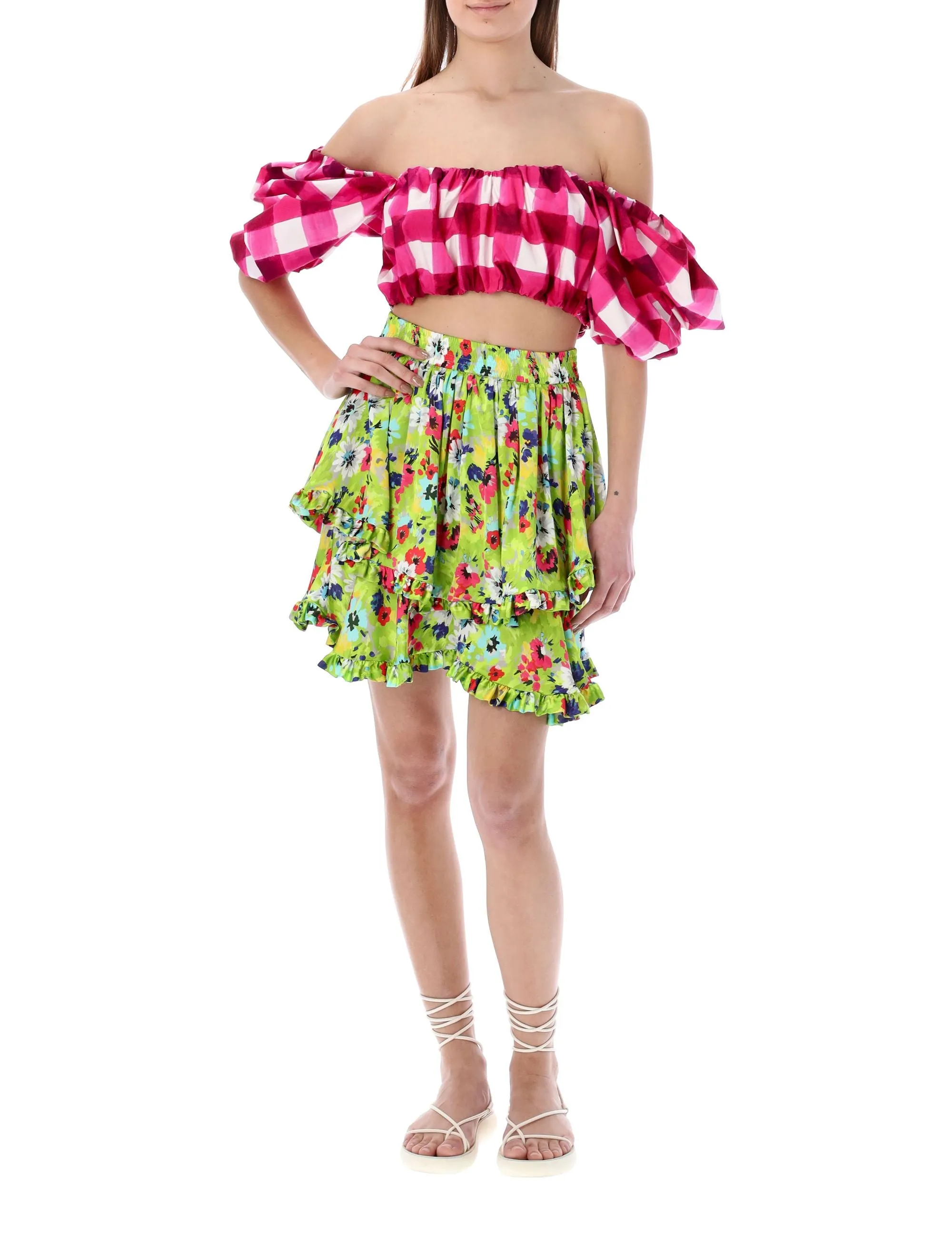 MSGM Gingham Check Puff-Sleeves Cropped Top