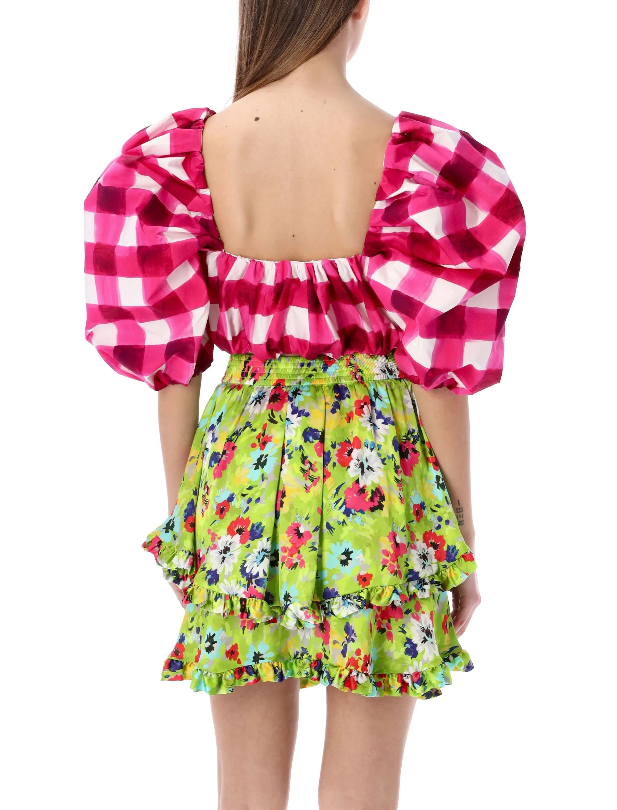 MSGM Gingham Check Puff-Sleeves Cropped Top