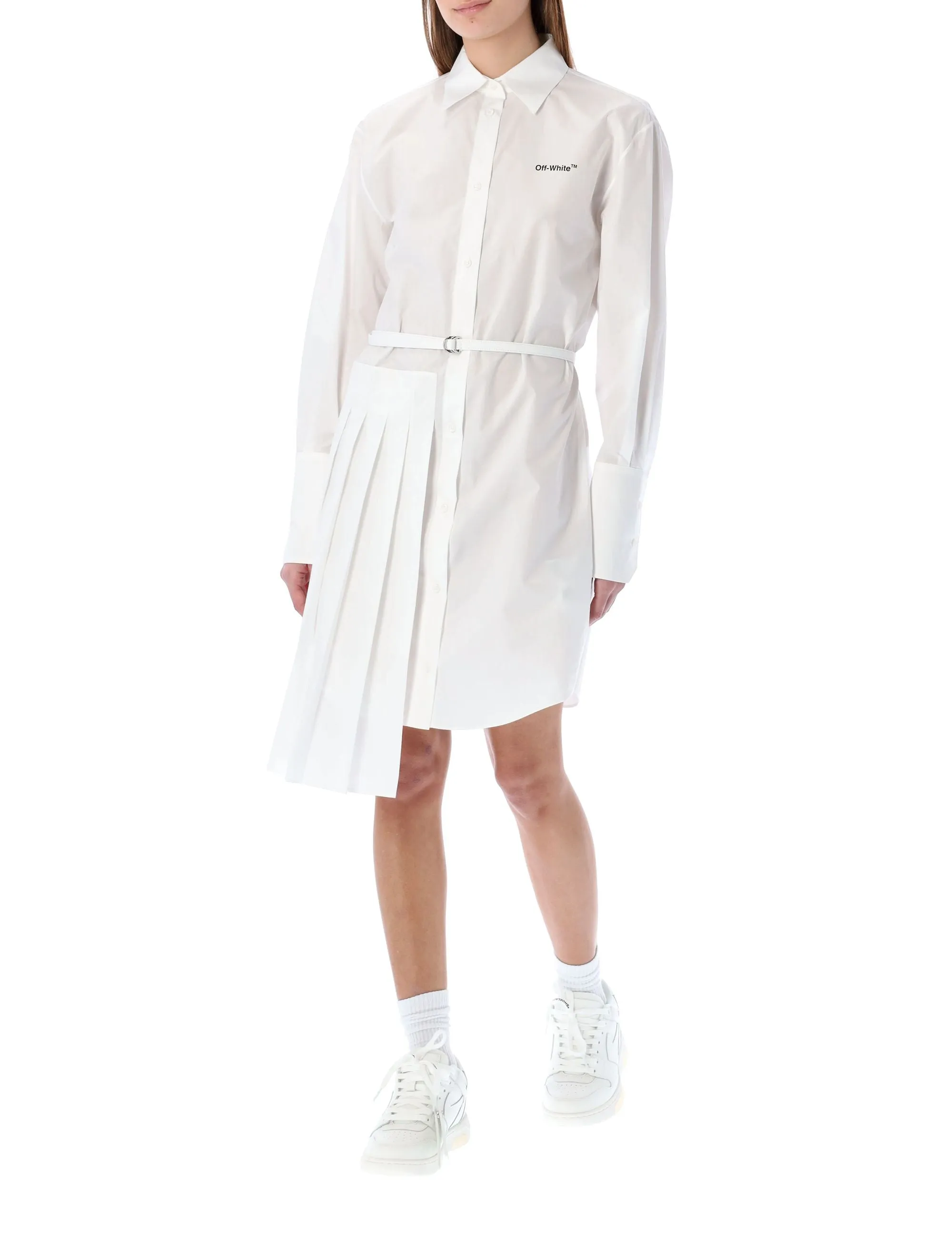 Off-White Asymmetric Pleated Stripe Printed Shirt Dress