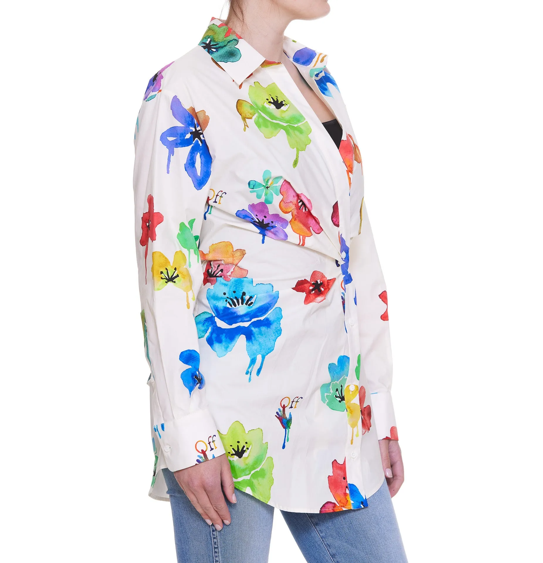 Off-White Belted Floral Printed Shirt Dress