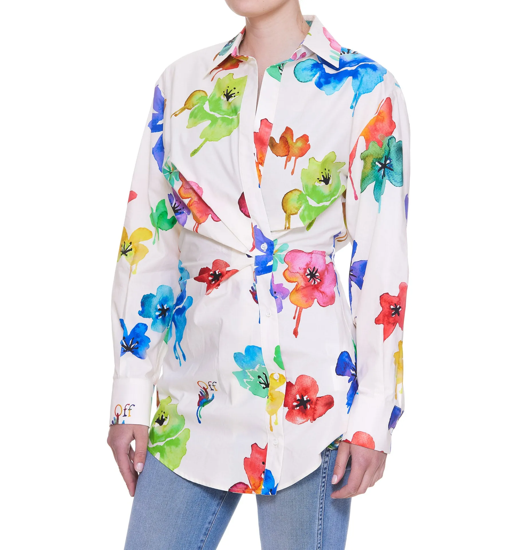 Off-White Belted Floral Printed Shirt Dress