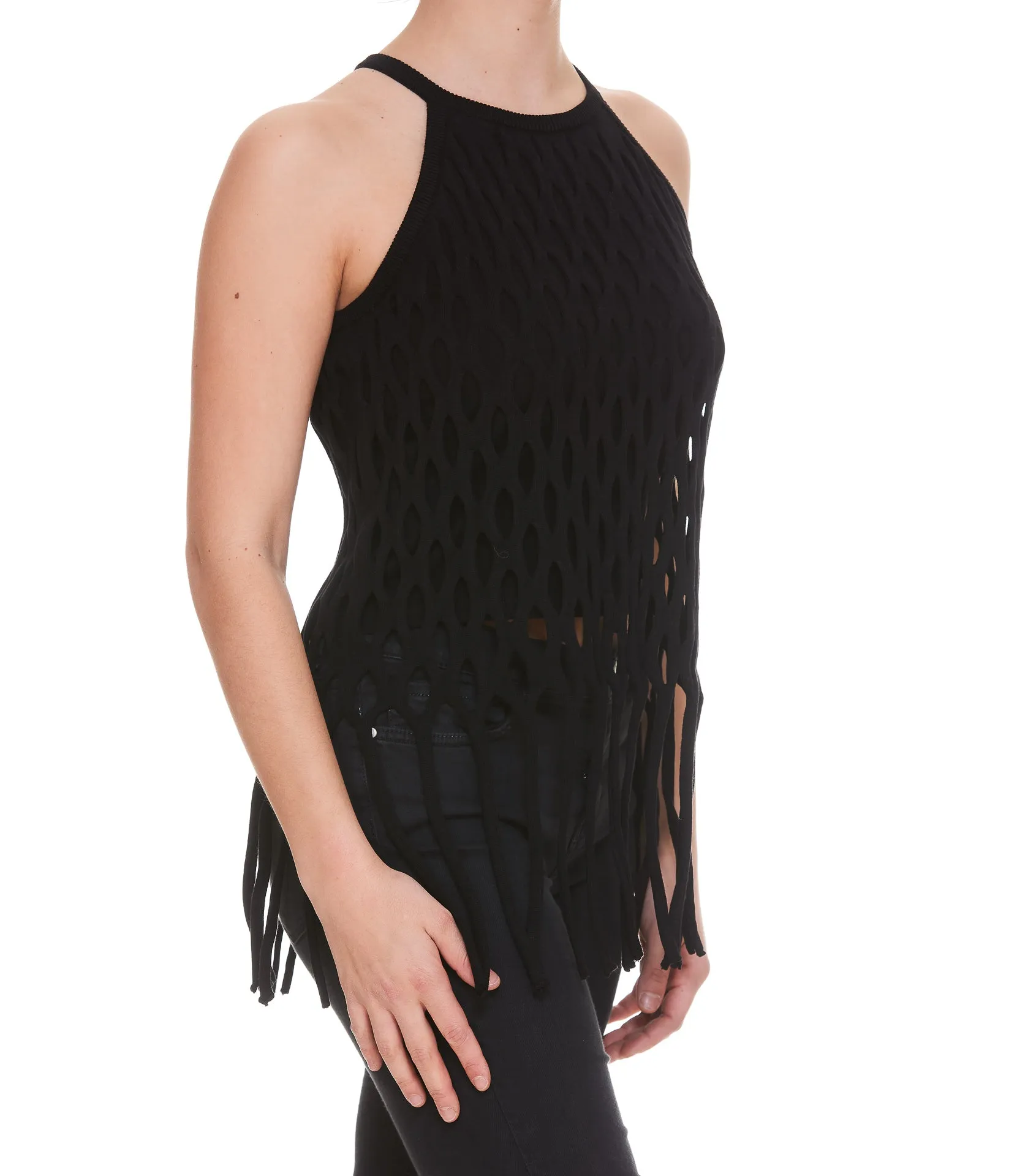 Pinko Fringed Hem Sleeveless Crewneck Mesh Top